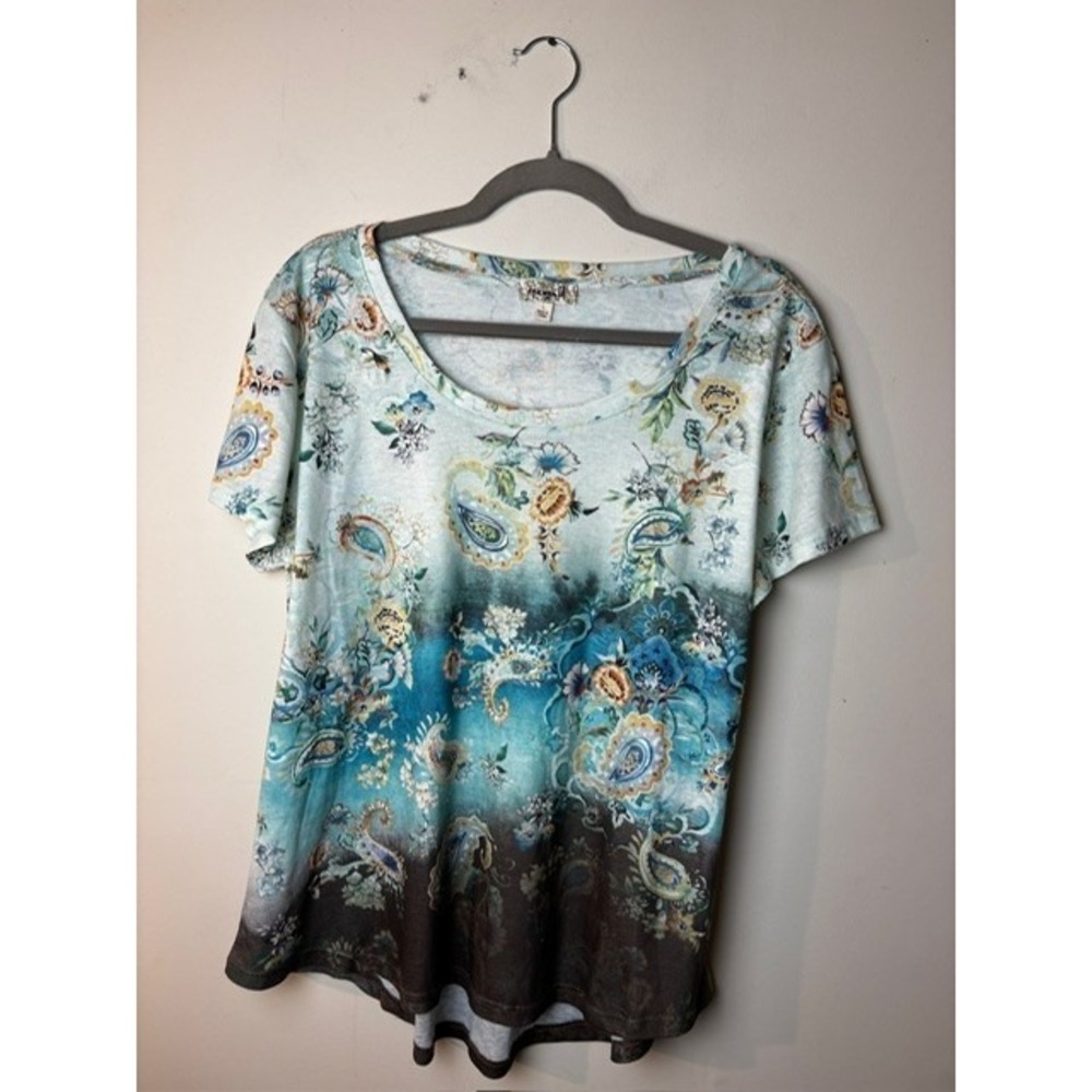 Womens L One World Top Blue Paisley Floral Short Sleeve Scoop Neck Comfy